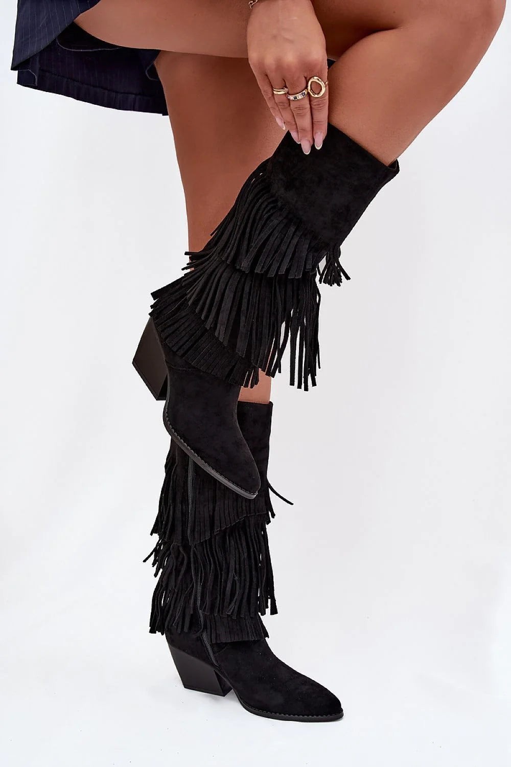 bottes western femme suédine écologique franges superposées bout pointu talon bloc moyen doublure fourrure fermeture eclair confort chaud boheme rock