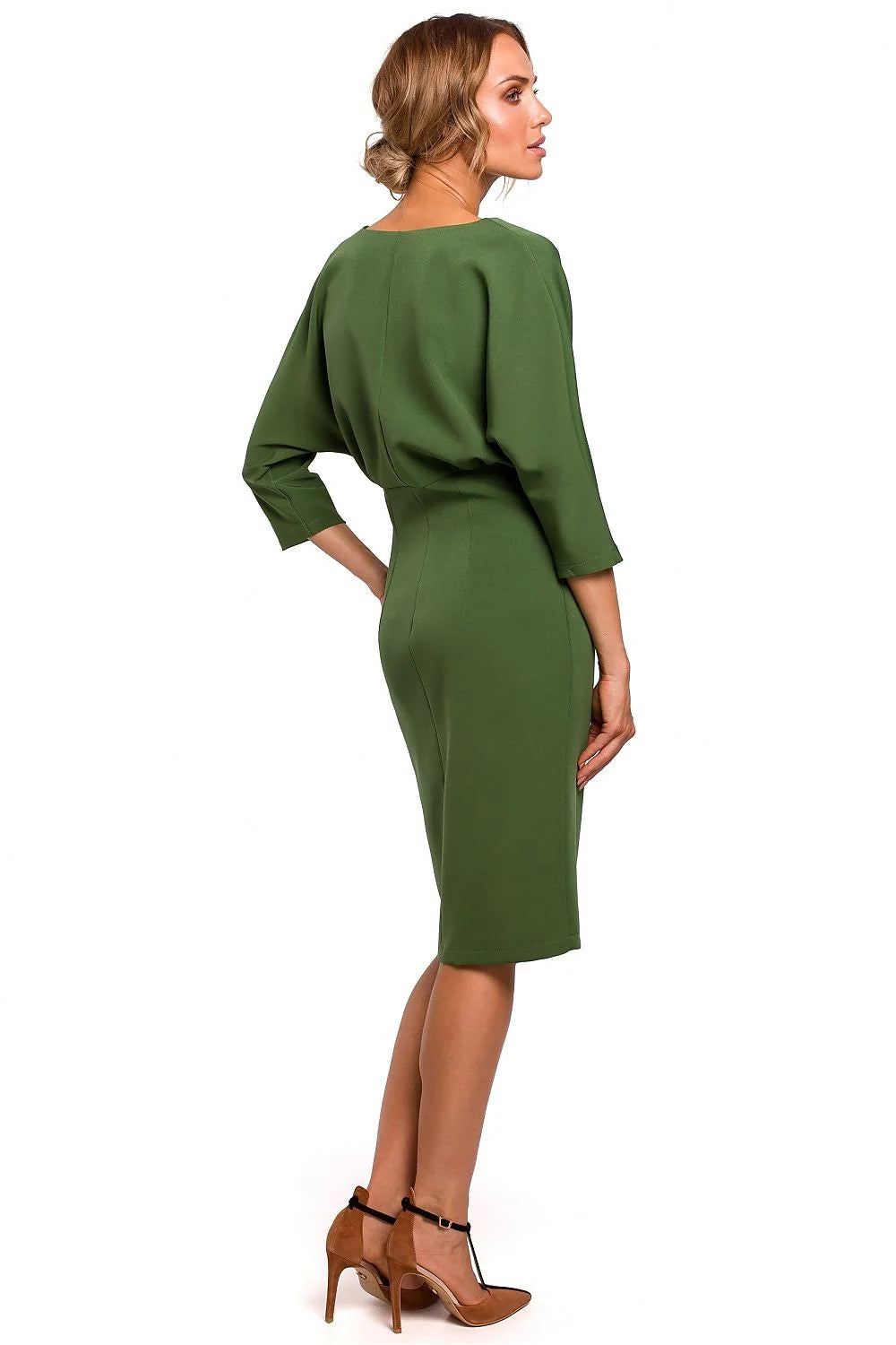 robe fourreau rouge élégante ajustée slim crayon midi taillemarquée encolureV manches34 tissucrêpe stretch fenteavant confort cocktail soirée bureau sophistiquée glamour