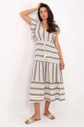 Robe élégante à rayures noir et blanc manches courtes volantées ceinture tassés longueur midi coton femme