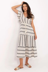 Robe élégante à rayures noir et blanc manches courtes volantées ceinture tassés longueur midi coton femme