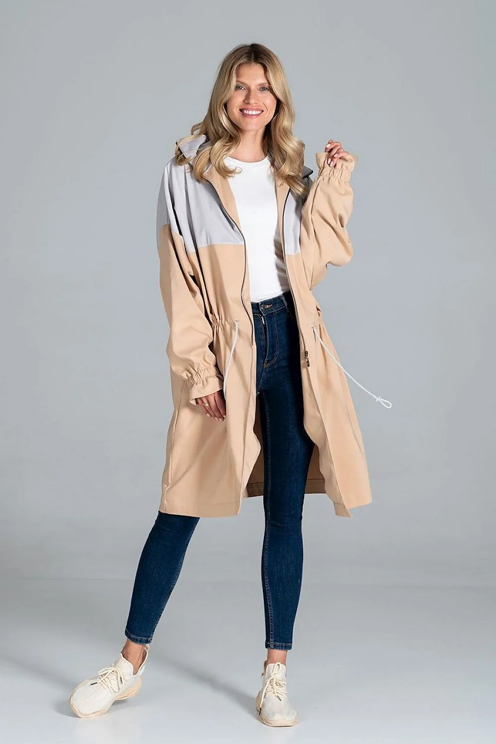 Manteau femme polyester bicolore gris clair beige long élégant urbain capuche mi-saison mode automne