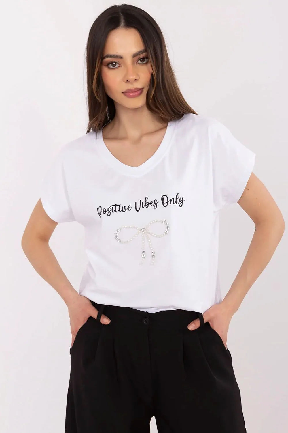 T-shirt femme décontracté moderne couleur blanche col V imprimé Positive Vibes Onlyperlé strass nœud
