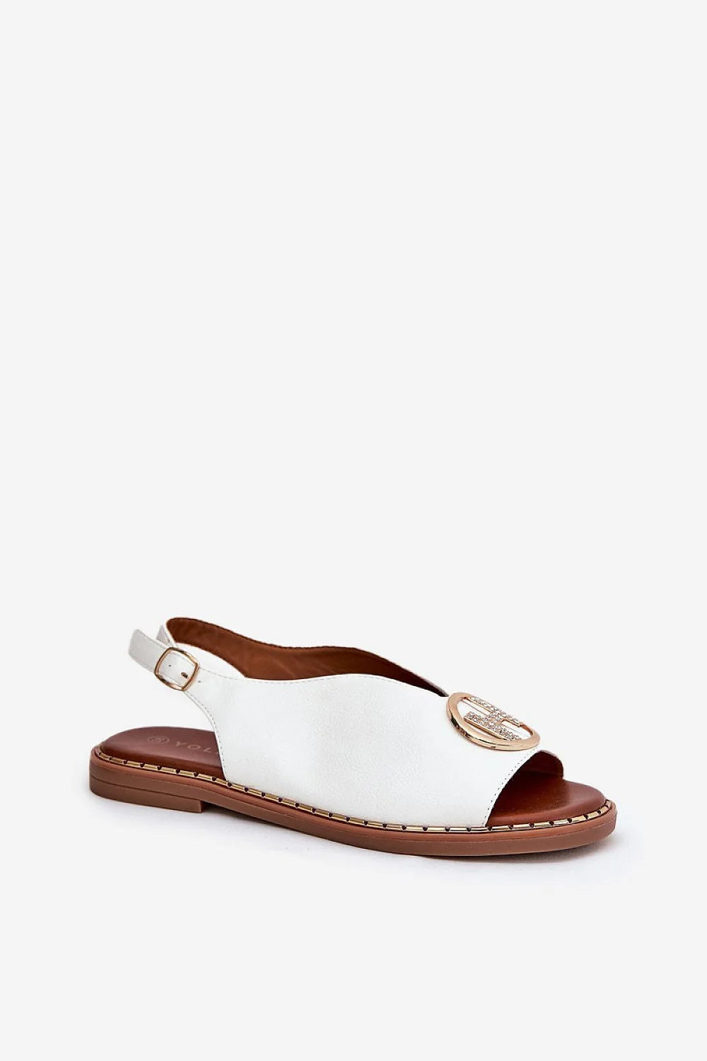 Sandales élégantes pour femme été 2023 cuir artificiel blanc doré talon plat sangle ajustable ornements métalliques style minimaliste