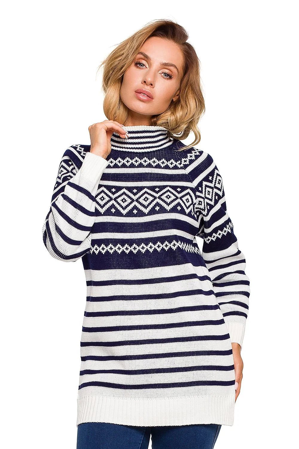 Pull en maille confortable ample motifs géométriques rose blanc col rond hiver pour femmes