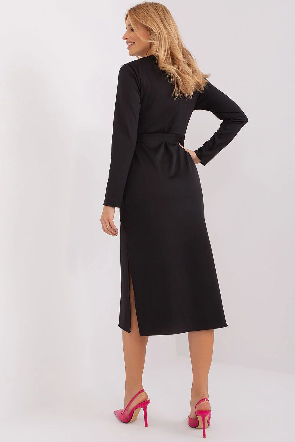 Robe de jour élégante pour femme en polyester et élasthanne manches longues décolleté V ceinture à nouer fente latérale moderne