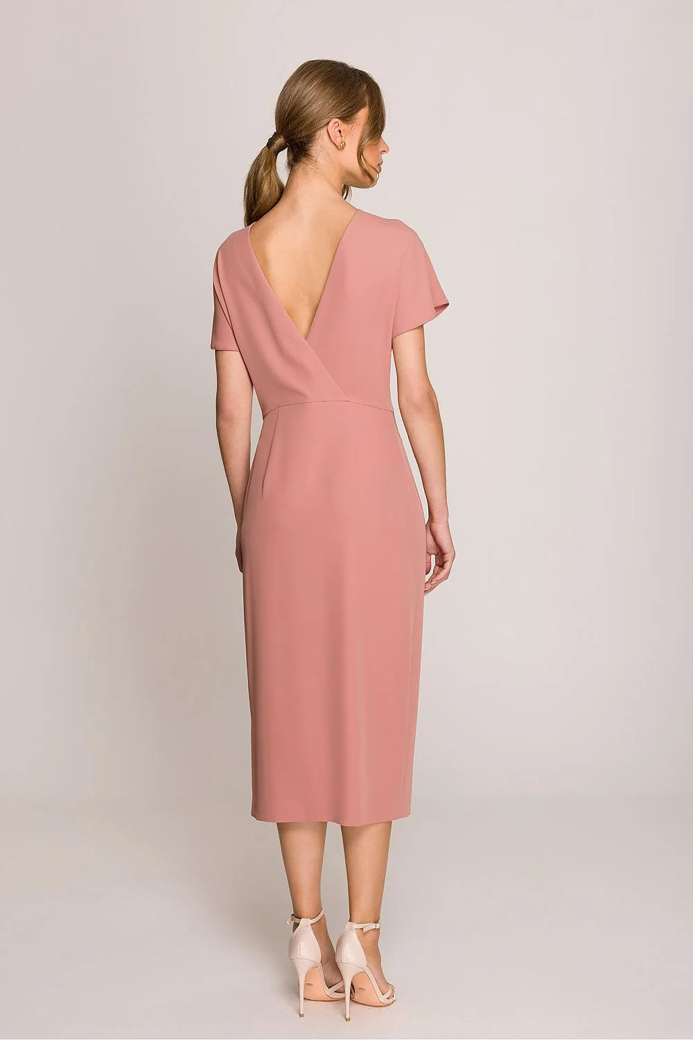 Robe de jour Stylove élégante couleur rose pâle coupe ajustée manches courtes fente latérale matière légère femme occasion semi-formelle