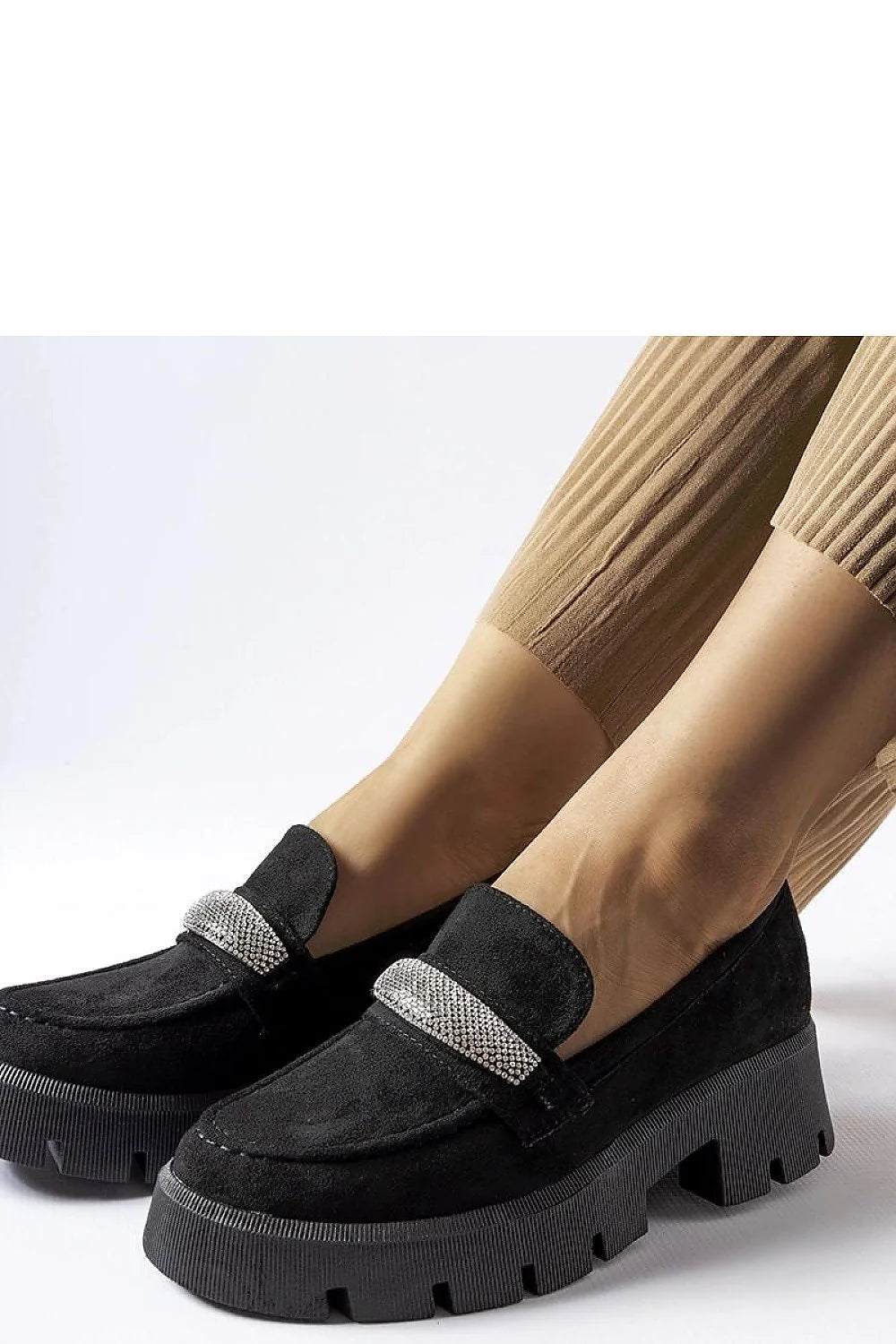 mocassins femme suédine noire strass bande argentée semelle épaisse crantée plateforme talon bloc confortable élégant sophistiqué durable urbain chic