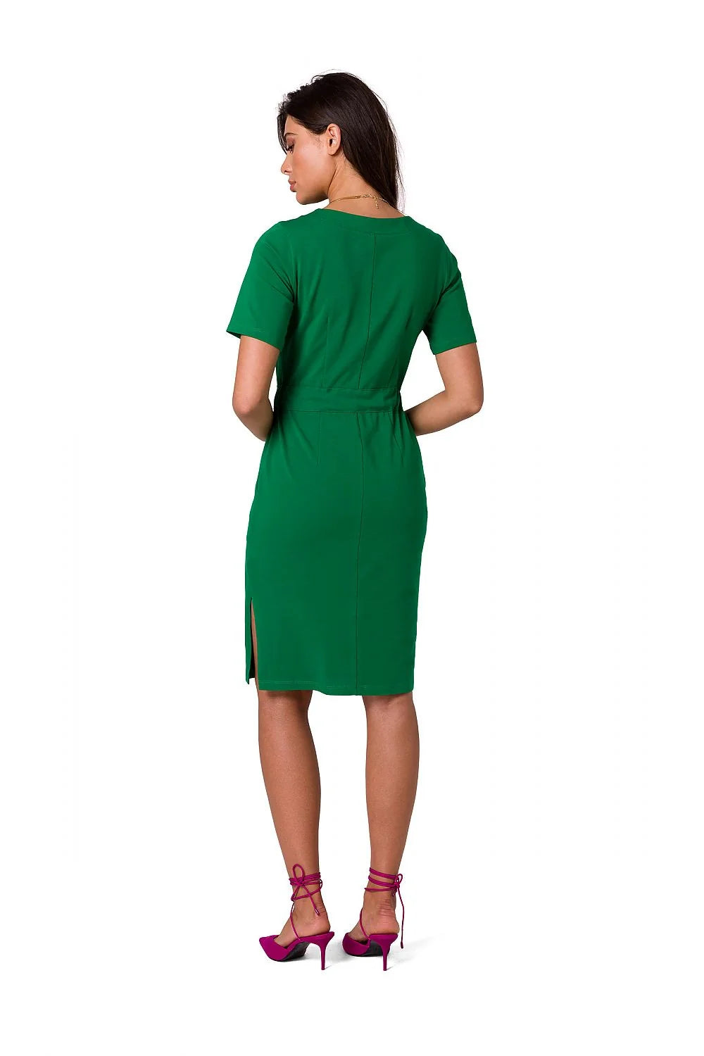 Robe de jour Be Wear verte genou taille ajustable coton elasthanne manches courtes col rond style minimaliste femme