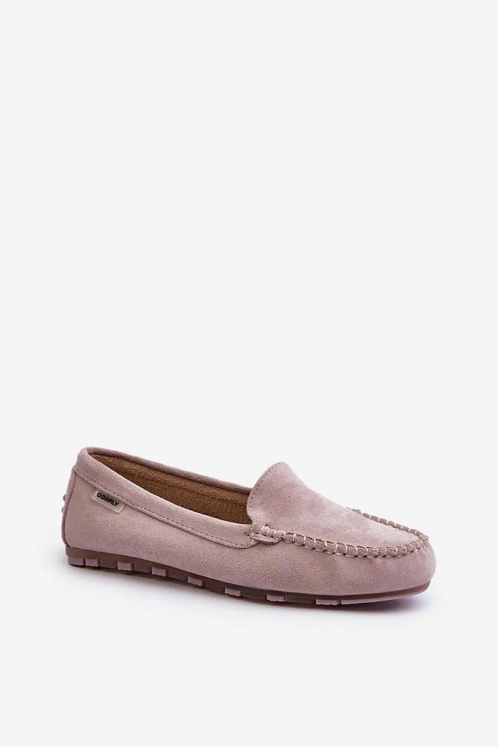 Mocassins classiques femmes style épuré couleur rose pâle semelle caoutchouc surpiqûres daim luxe confort