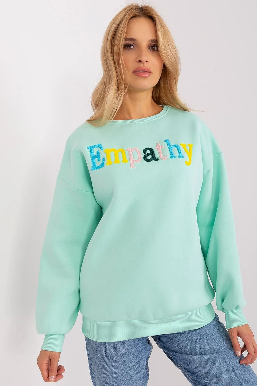 Sweatshirt femme Empathy coloré design moderne coupe ample col rond manches longues coton polyester vert menthe