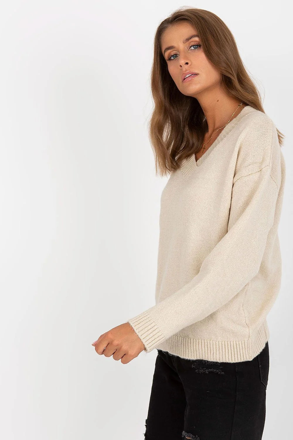 pull femme Rue Paris manches longues colV tricot côtelé élasthanne acrylique polyester oversize ample décontractée bordcôtes moelleuse blanc uni intemporel