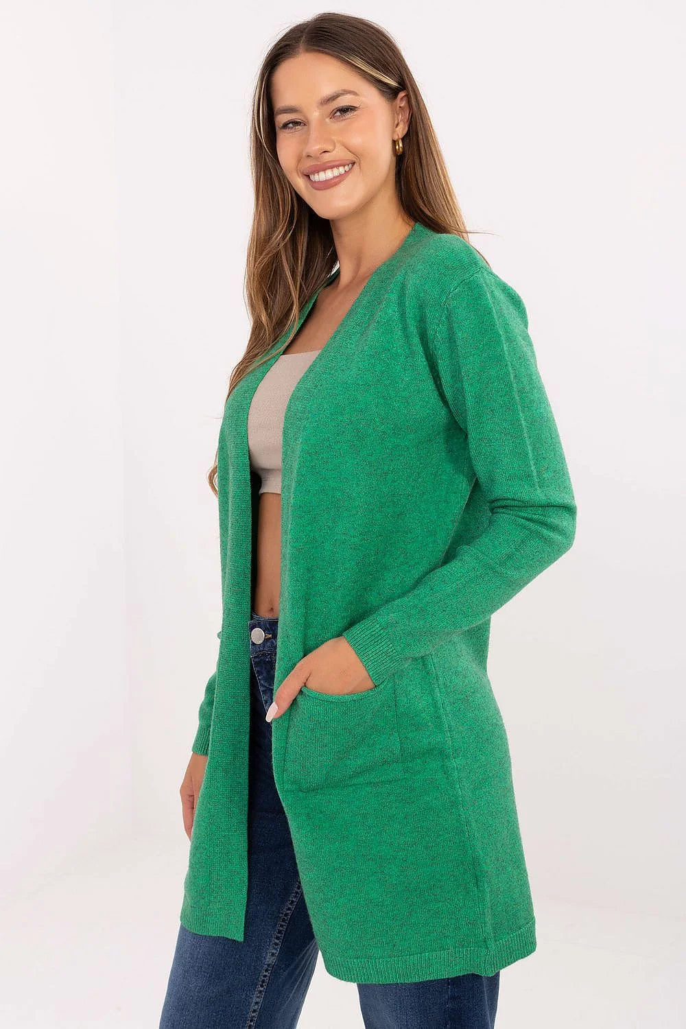 cardigan gilet long femme ouvert maille douce vert émeraude coupe droite mi cuisses manches longues poches plaquées bords côtes ourlet