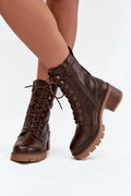 bottines femme similicuir marron foncé talon bloc mihaut lacets zip latéral doublure chaude feuille décoratif élégant semelle crantée antidérapante