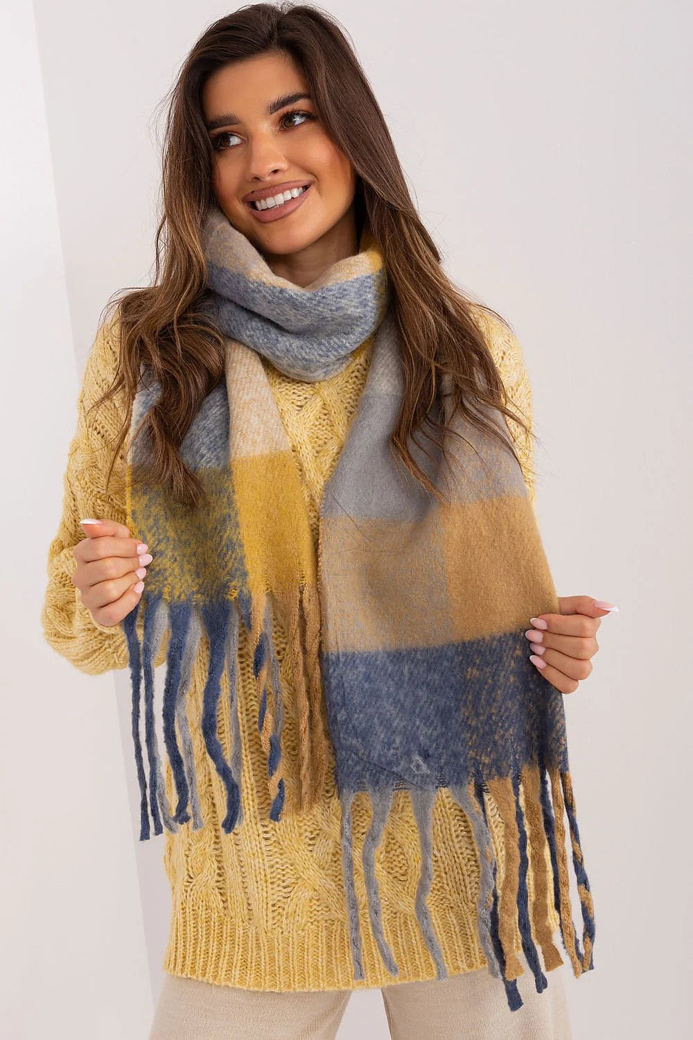 Écharpe à carreaux colorés longue avec pompons, style classique cosy, automne/hiver, polyester résistant, femmes