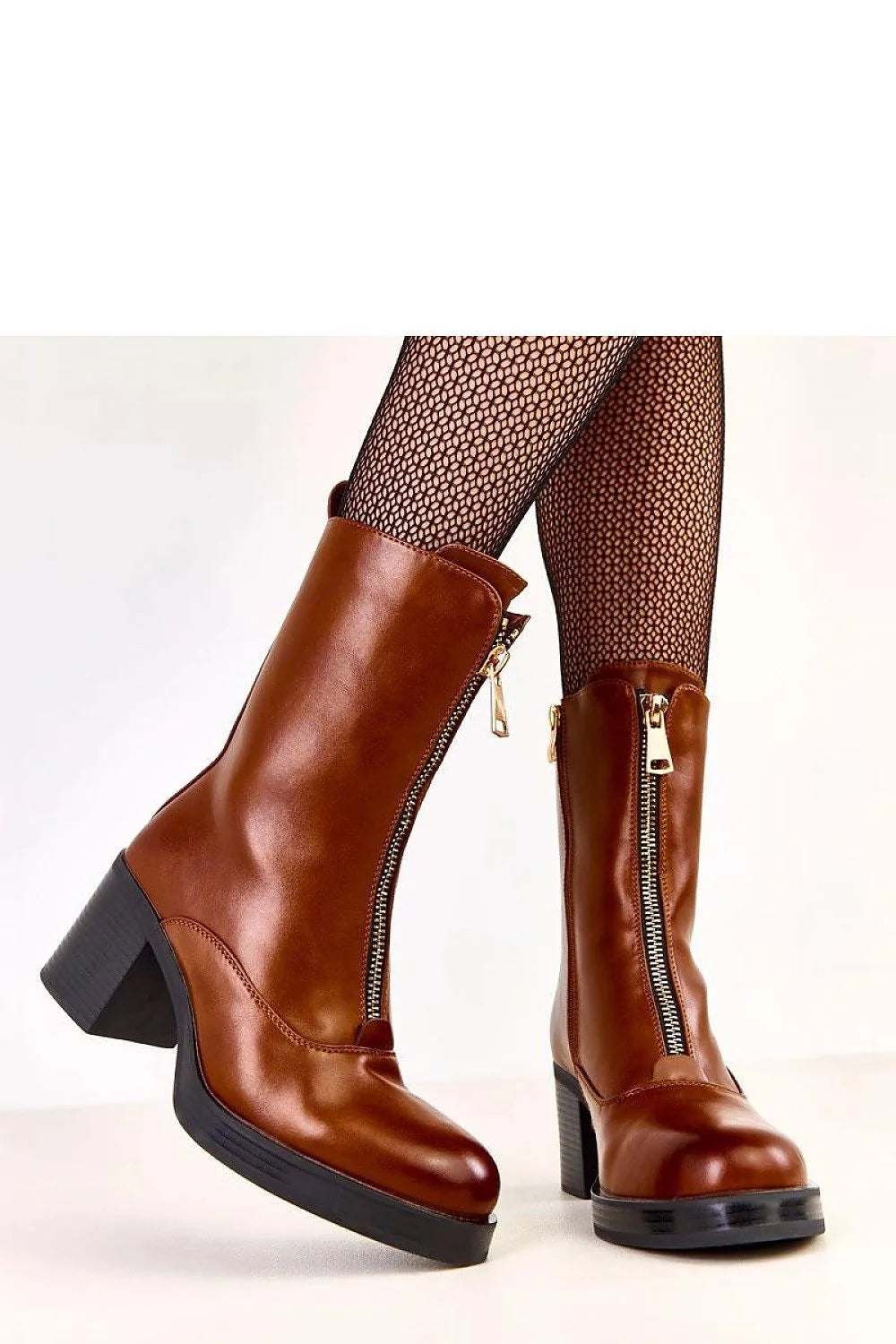 bottines femme mi mollet cuir artificiel cognac talon bloc moyen bout rond fermeture eclair frontale doree semelle noire doublure chaude