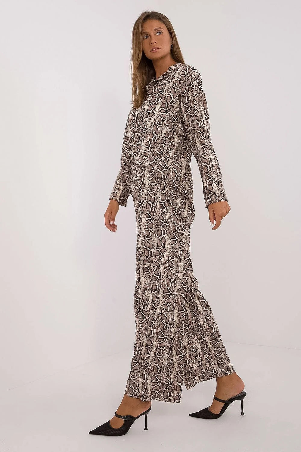Ensemble femme Italy Moda imprimé serpent chemise manches longues pantalon taille haute polyester élasthanne style audacieux occasion soirée décontractée