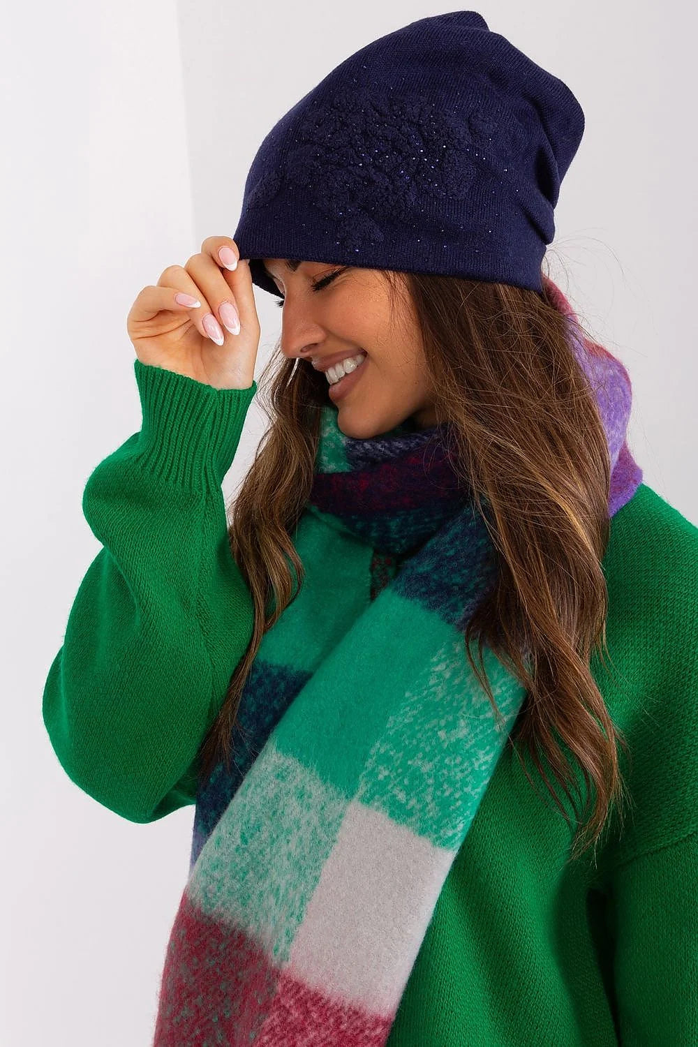 Ensemble hiver femme bonnet écharpe pull coordonné cachemire laine acrylique bleu marine vert floral carreaux franges