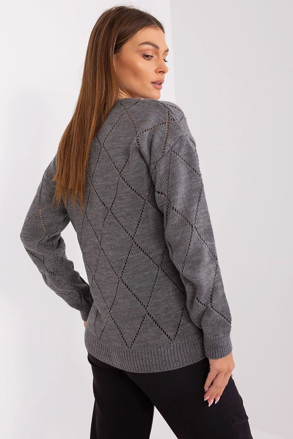 Cardigan femme motif losanges maille ajourée gris doux longues manches coupe décontractée boutons nacré