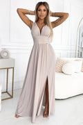 Robe longue élégante en brocart beige fente haute encolure V ceinture intégrée taille ajustable femme occasion spéciale
