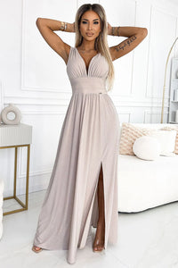 Robe longue élégante en brocart beige fente haute encolure V ceinture intégrée taille ajustable femme occasion spéciale