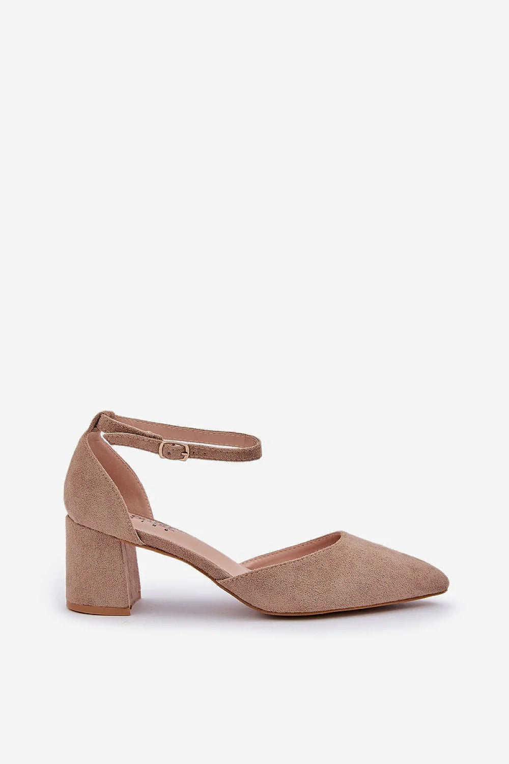 Escarpins féminins à bout pointu talon large 6.5 cm couleur marron clair bride ajustable en cuir suédé écologique pour soirées ou quotidien