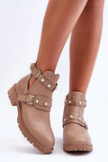 Bottines femmes style moderne audacieux cuir synthétique beige clous perles semelle crantée talon renforcé ajustement personnalisé