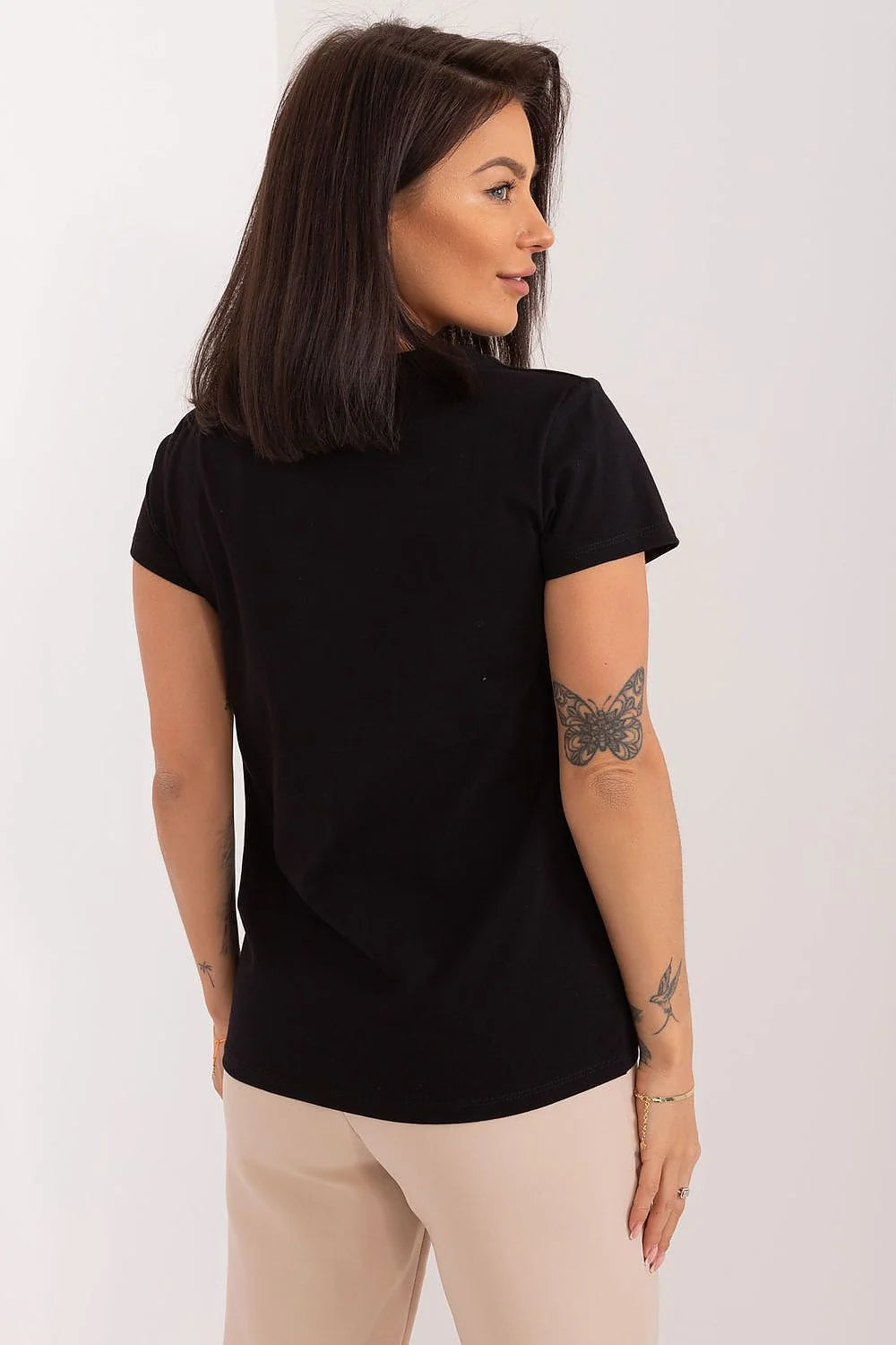Chemisier femme élégant noir motif floral strass coton coupe ajustée manches courtes col rond occasionnels