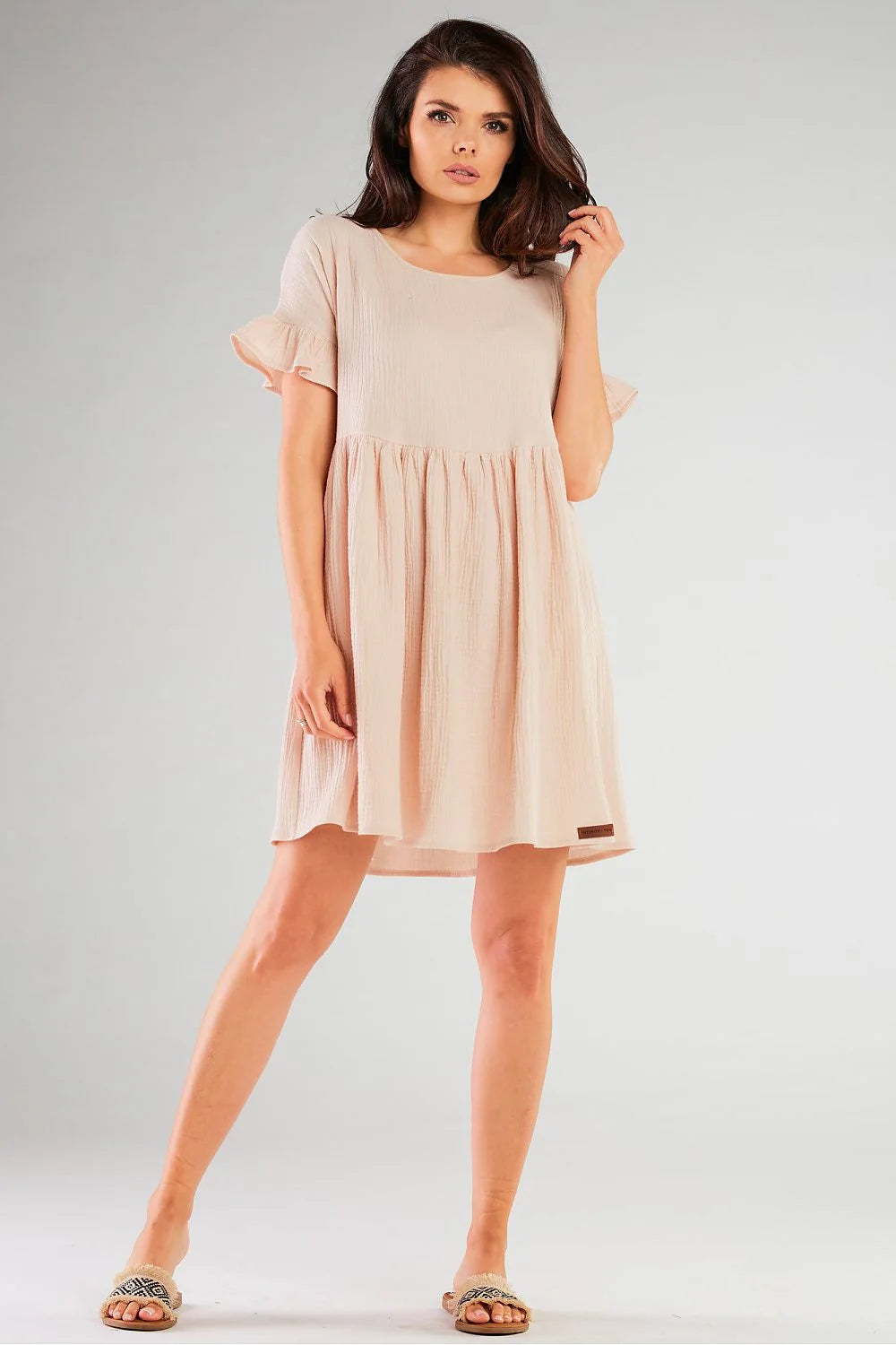 robe jour trapèze courte rose poudré gaufré coton élasthanne respirant manches courtes volantées encolure ronde babydoll