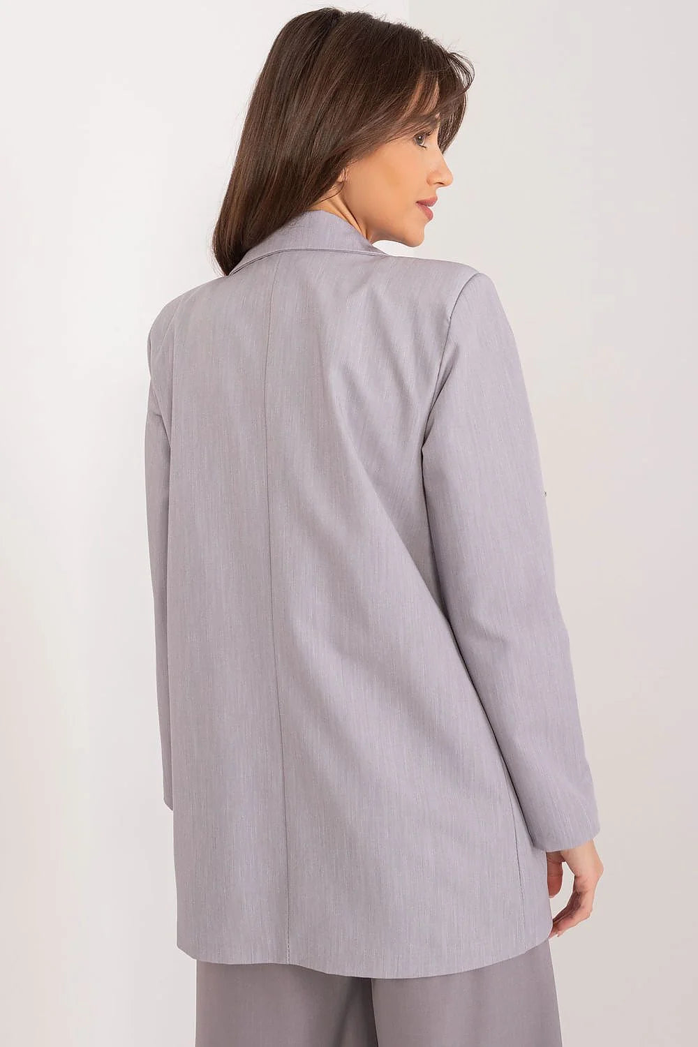 Veste Italy Moda, élégante en polyester gris clair, embellissements argentés, col à revers, coupe droite, pour femmes
