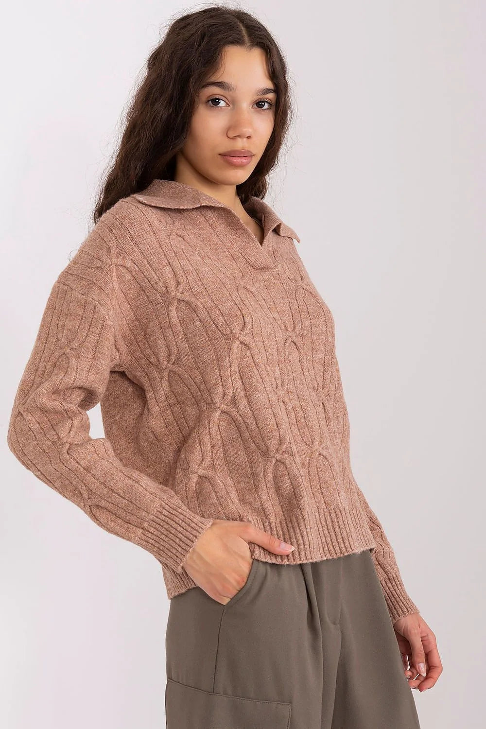 Pull femme décontracté élégant tricot torsadé couleur marron clair manches longues col V polo bords côtelés