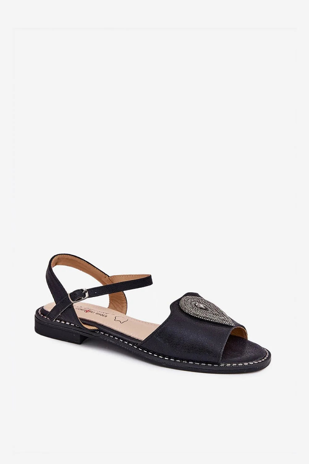 Sandales pour femmes style élégant en cuir artificiel noir occasion estivale sandales ouvertes boucle métallique détails décoratifs argentés