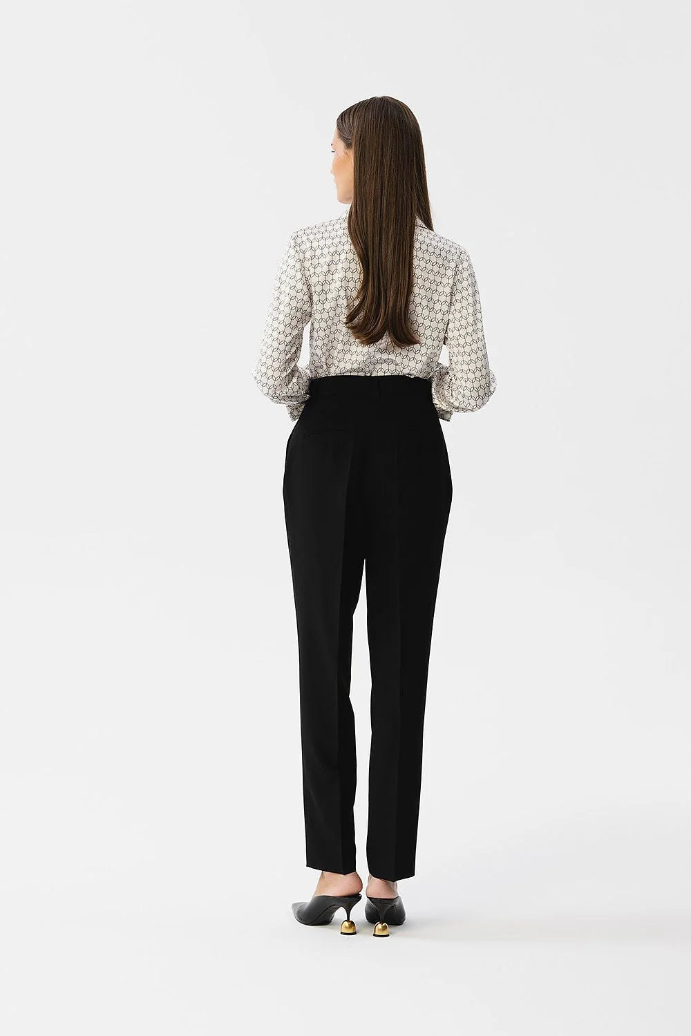 Pantalon femme Stylove élégant tissu résistant taille haute jambes.slim ourlet pressé fermeture glissante auto-agrippante noir blanc motif géométrique