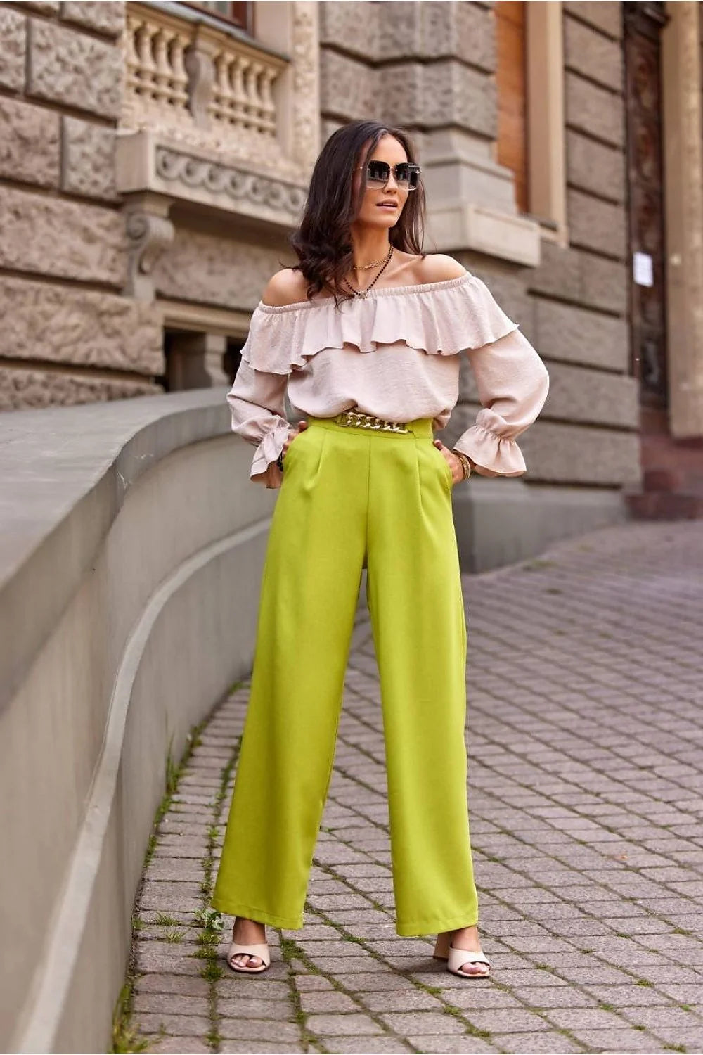 Pantalon long Roco Fashion à jambe cloche chaîne décorative taille haute poches obliques fermeture glissière coton polyester femme