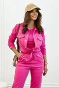 Ensemble féminin La Balancia style utilitaire rose vif 3 pièces veste top pantalon coton polyester