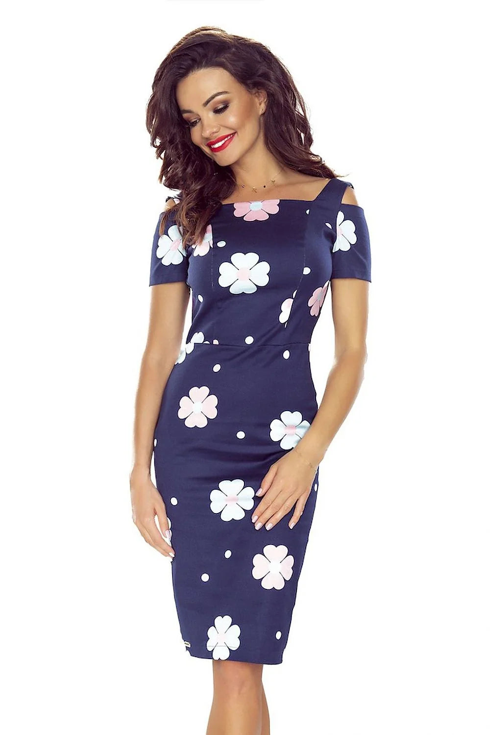 Robe élégante pour femme en coton tissu floral manches courtes coupe crayon marine rose Bergamo Pologne