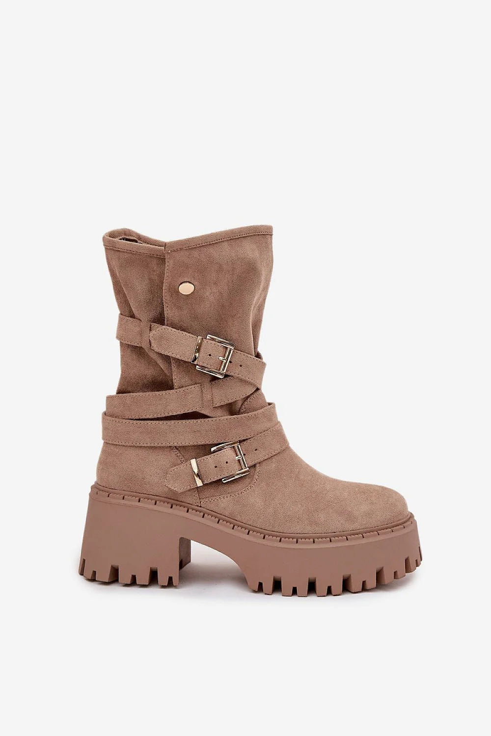 bottes femme suédine écologique taupe mi mollet biker bout arrondi talon massif semelle plateforme crantée épaisse bride tressée boucles dorées réglables