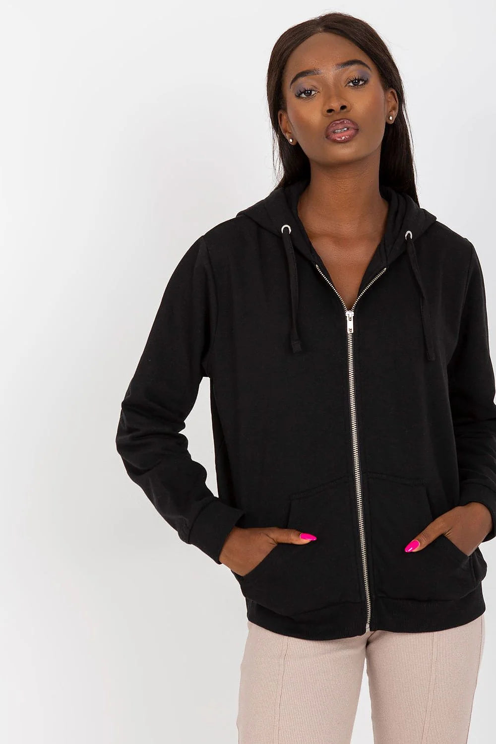 Sweatshirt femme capuche manches longues coton polyester gris foncé style casual occasion quotidienne