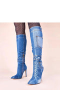 bottes cuissardes denim délavé talons aiguilles bout pointu tige haute poche arrière fermeture éclair bride rivets