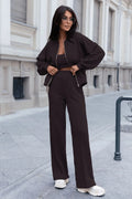 ensemble survêtement Misty bomber court zippé crop bandeau pantalon taille haute jambe large chocolat foncé jersey