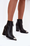 bottines femme cuir synthétique noir tige cheville talon bloc 9cm maintien élégant fermeture éclair frontale apparente embout métallique argenté pointu