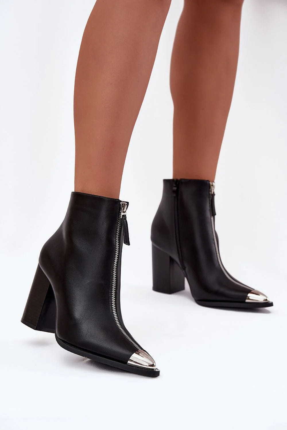 bottines femme cuir synthétique noir tige cheville talon bloc 9cm maintien élégant fermeture éclair frontale apparente embout métallique argenté pointu