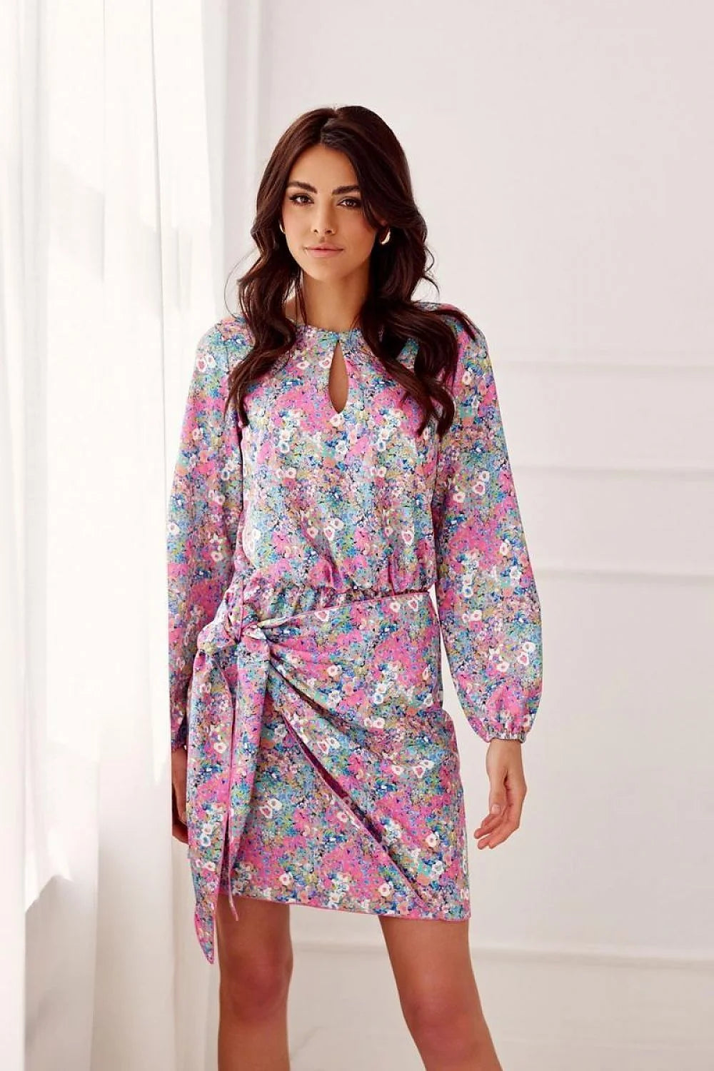 Robe de jour féminine imprimé floral rose bleu blanc teardrop neckline longues manches élastique taille ajustable