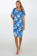 chemise nuit femme manches courtes col rond coupe droite ample longueur genou jersey viscose spandex respirant imprimé floral aquarelle bleu