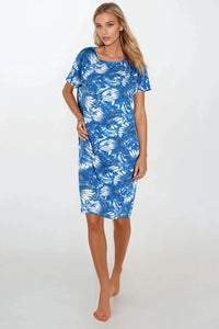 chemise nuit femme manches courtes col rond coupe droite ample longueur genou jersey viscose spandex respirant imprimé floral aquarelle bleu