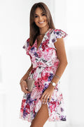 Robe de jour IVON élégante mini volants encolure V manches courtes ceinture élastique polyester Pologne
