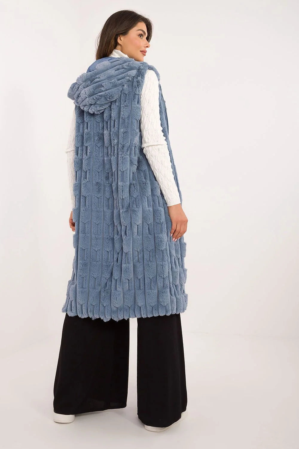 Gilet sans manches en fourrure synthétique bleu doux élégant pour femme coupe droite ample capuche fermure éclair occasion spéciale travail automne hiver