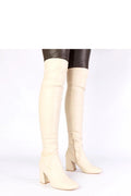 cuissardes beige cuir synthétique lisse mi cuisse fermeture éclair latérale talon carré bloc moyen bout amande doublure douce