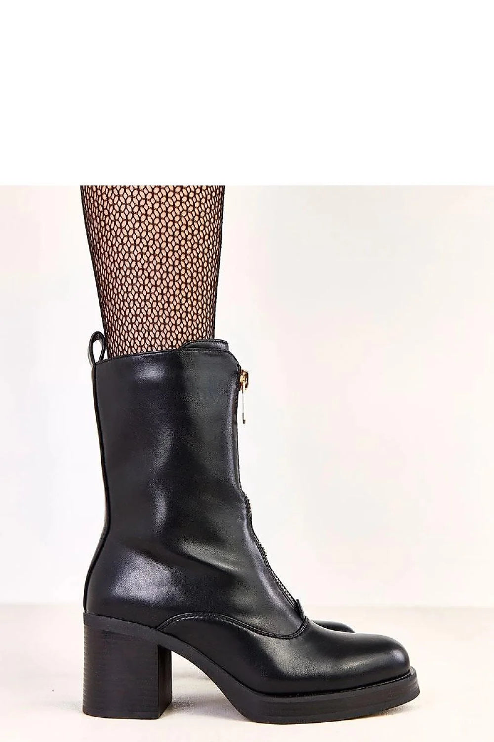 bottines mi mollet cuir synthétique noir bout rond talon bloc 7 cm semelle tissu doublure chaude fermeture éclair dorée décorative