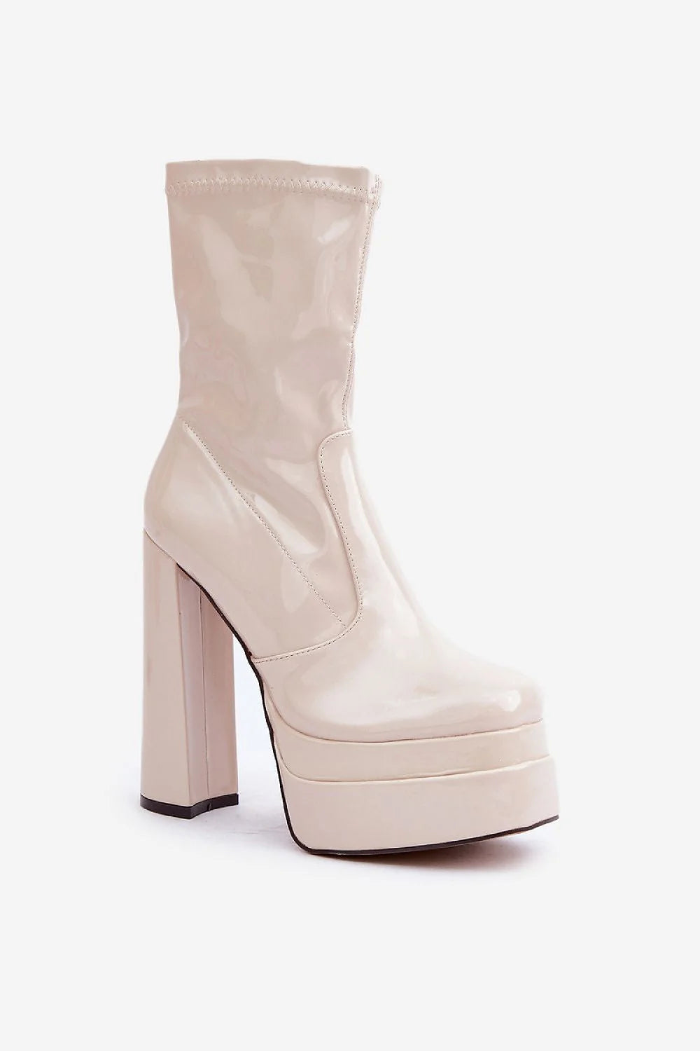 Bottines féminines audacieuses à talon haut et plateforme en cuir synthétique beige rosé, style moderne et élégant, confort et stabilité, idéales pour les soirées et les sorties
