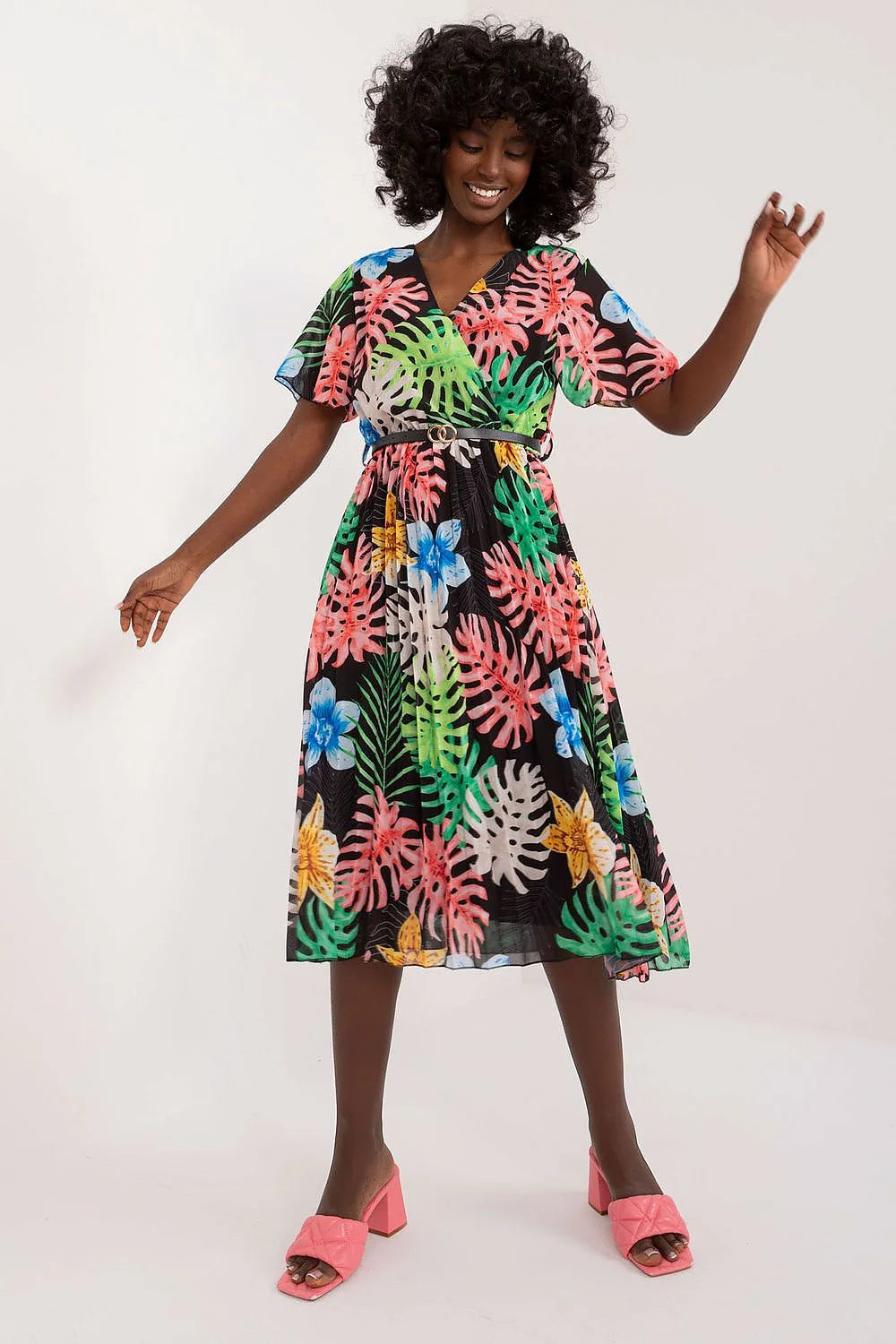 Robe de jour Italy Moda été motifs tropicaux manches courtes ceinture ajustable femme polyester coton